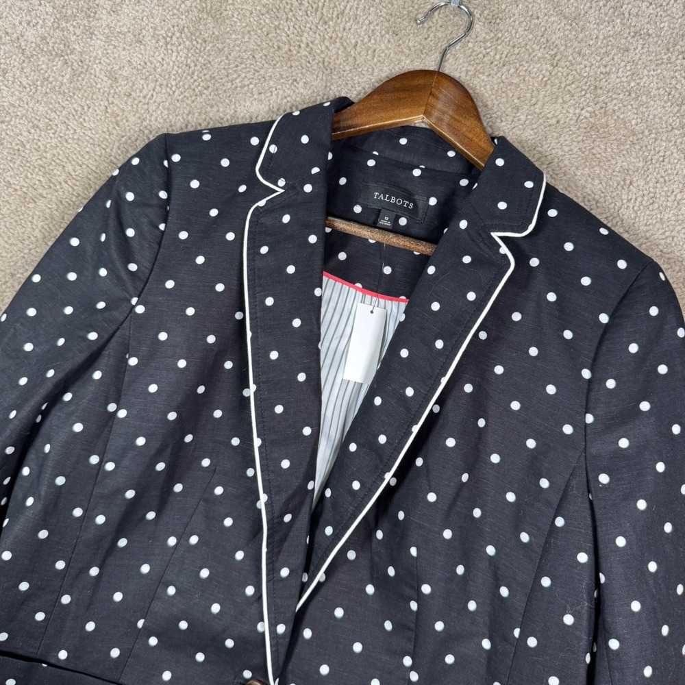 Talbots Blazer Womens 12 Black Polka Dot Linen Jacket Nautical Anchor Button NEW - Picture 2 of 13